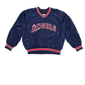 Angels silk/silkscreen bomber jacket. Women Sz S.Navy red blue stripes baseball